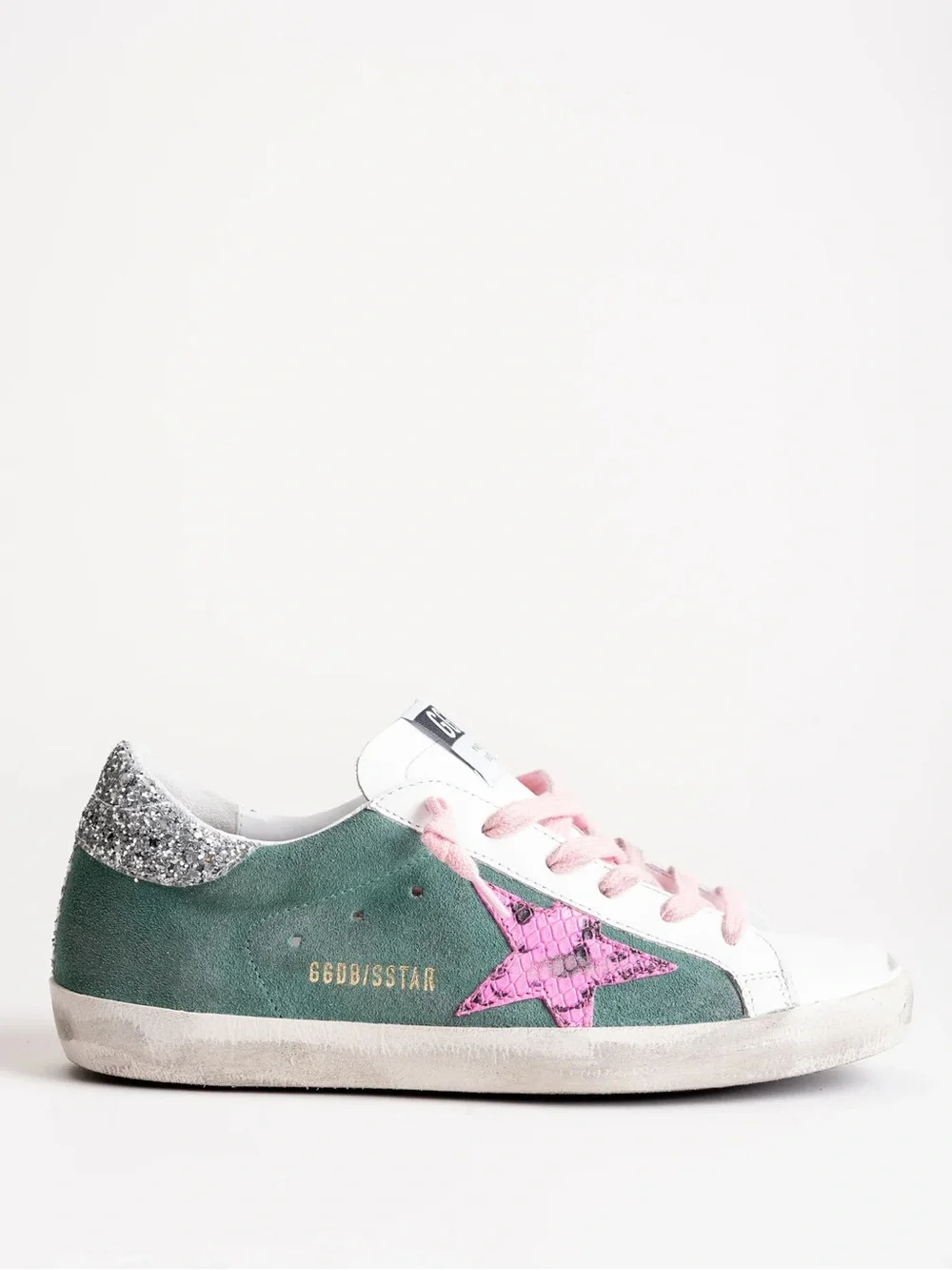 Golden Goose Green Suede Sneaker with Pink Star and Silver Heel - Picture 1 of 4